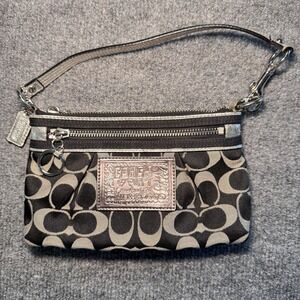 Coach Poppy Signature Sateen  Small Wristlet, Black Metallic Trim  Silver Y2K